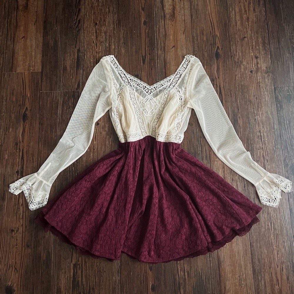 Free People Cream Lace Embroidered Burgundy Long Sleeve Dress - RARE
